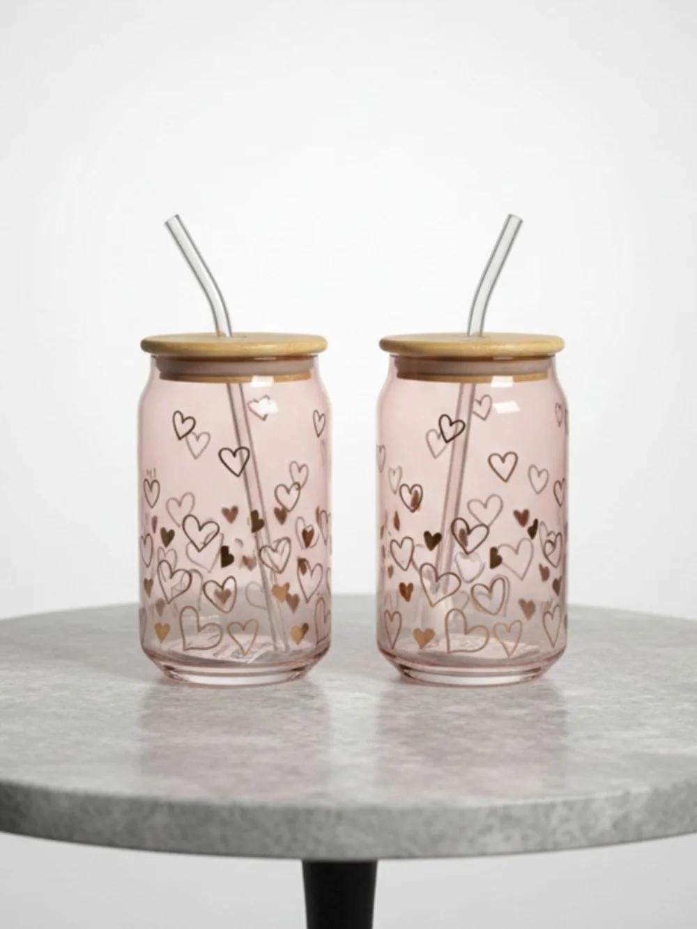Pink Heart Glass Tumbler with Bamboo Lid & Straw - Set of 2